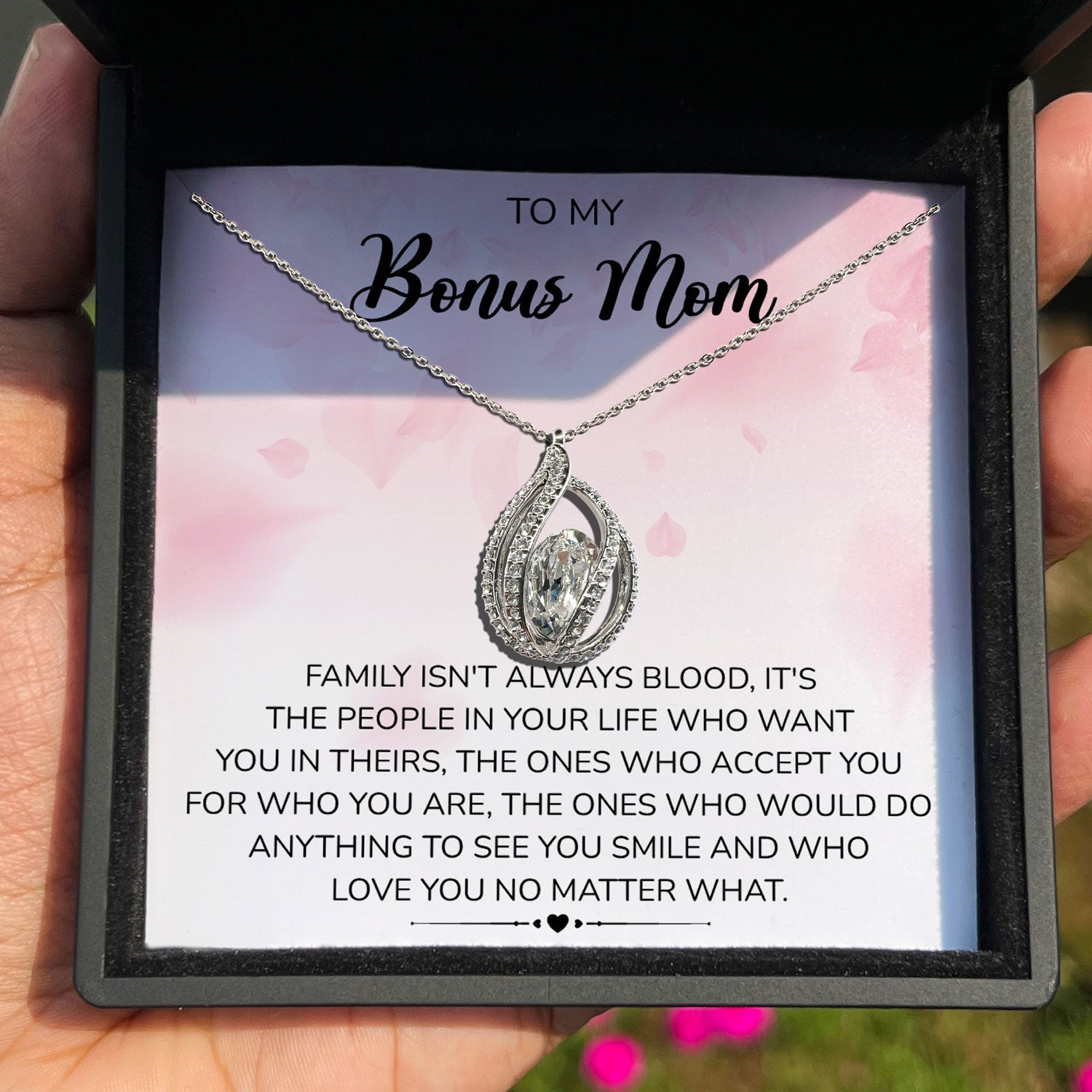 To My Bonus Mom - Family Isn't Always Blood,It's The People In Your Life Who Want You In Theirs - Orbital Birdcage Necklace-3