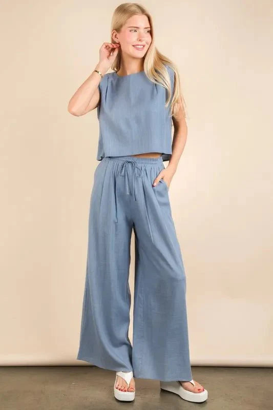 VERY J Solid Woven Top & Pants Set-0