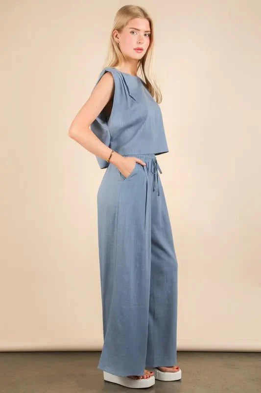 VERY J Solid Woven Top & Pants Set-1